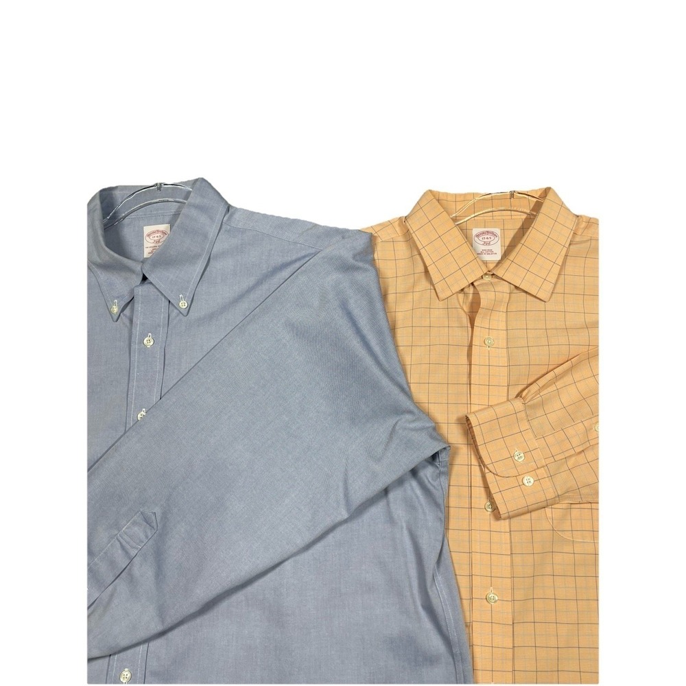 LOT OF 2 Brooks Brothers Dress Shirts 17 4/5 (XL) 1 Blue 1 Orange Plaid Non Iron - Picture 11 of 15